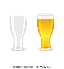 Transparent glasses for beer, one empty and the other filled with beer.Vector illustration.