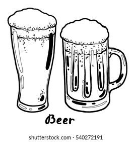 Transparent glasses of cold fresh beer with foam and bubbles. Hand drawn isolated illustration with the inscription on a white background