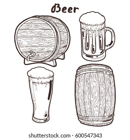 Transparent glasses of cold fresh beer with foam and bubbles and old wooden barrels with a tap. Hand drawn isolated illustration with the inscription on a white background