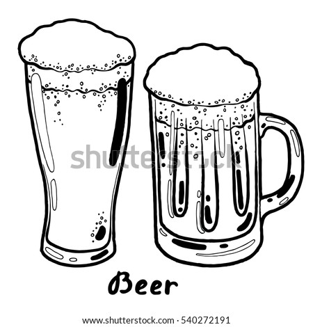 Transparent glasses of cold fresh beer with foam and bubbles. Hand drawn isolated illustration with the inscription on a white background