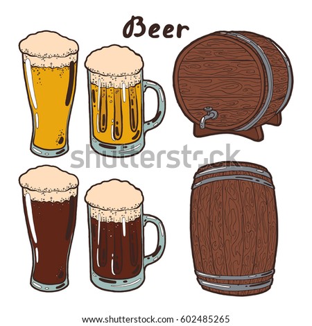 Transparent glasses of cold fresh beer with foam and bubbles and old wooden barrels for beer with a tap. Hand drawn isolated illustration with the inscription on a white background