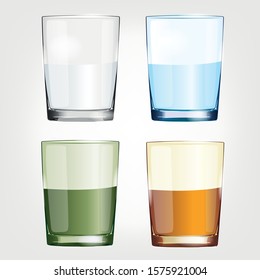 Transparent glasses half filled with a drink of different colors, drawn in vector eps