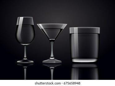 transparent glasses set on black background vector illustration 
