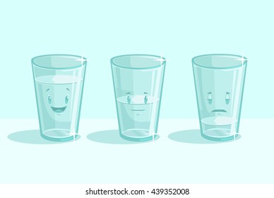 Transparent glasses of water with different emotions. Vector flat cartoon illustration