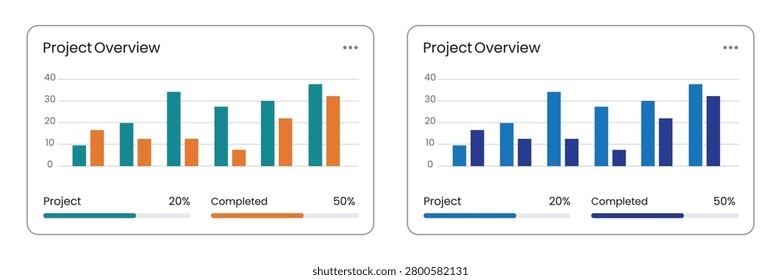 Transparent glassmorphism style dashboard cards featuring comparative bar graphs and horizontal progress bars for project status updates highlighting color coded data sets in teal orange and blue tones for modern enterprise management software applications and reports.