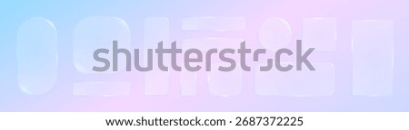 Transparent glassmorphism UI set with glossy 3D buttons and panels. Modern digital glass morphism frame set on background for app or web design. Minimal vector gradient blur and soft shadow effect.