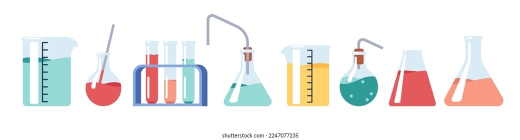 Transparent glassware with chemical reagents. Laboratory test tubes. Medical scientific research. Experiment equipment. Lab measuring beaker. Bottle with dropper. Vector - Shutterstock ID 2247077235