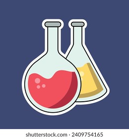 Transparent glassware with chemical reagents. Laboratory test tubes. Medical scientific research. Experiment equipment. Lab measuring beaker. Bottle with dropper. Vector