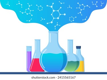 Vidrio transparente con reactivos químicos. Tubos de prueba de laboratorio. Investigación científica médica. Equipo de experimentación. Fórmulas de compuestos químicos orgánicos. Ilustración del vector