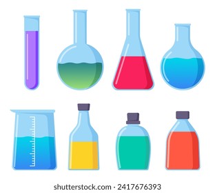 Transparent glassware with chemical reagents. Laboratory test tubes. Medical scientific research. Experiment equipment. Lab measuring beaker. Bottle, flask. Vector illustration