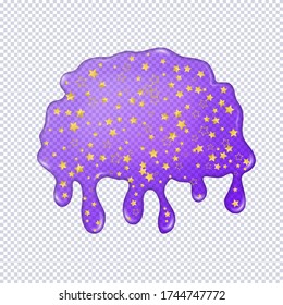 Transparent glitter slime sprinkled with confetti gold stars isolated. Glossy goo purple slime blots. Realistic radioactive slime drips and flowing. Popular kids sensory toy vector