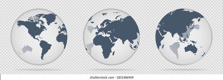 Transparent globe icon. Glass map of world. Planet vector in 3D. Transparent sphere shape with continents. Realistic earth symbol with shadow. Worldwide concept. EPS 10