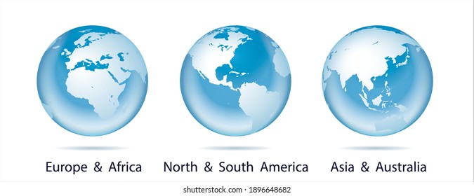 Globos transparentes de Planeta Tierra como el cristal en la ilustración vectorial 3D representando con el trazado de recorte. Mapa mundial como bola de vidrio que muestra los océanos, la tierra, América, Europa, África, el continente asiático.
