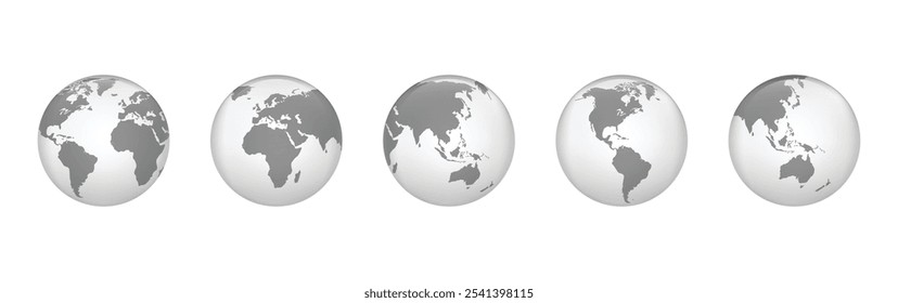 Transparent globes set. America, Europe, Africa, Asia, Oceania. 3d globe map. Earth globes icons. Vector illustration.