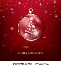 Transparent Glossy Christmas Decoration. Christmas Tree Silhouette Made Of Paper Snowflakes Inside Glass Ball. New Year Greeting Card Design. Vector Illustration