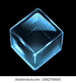 Cubo de cristal brillante transparente con el icono del Vector del arte del pixel del efecto del resplandor ligero. Cubo de cristal azul retro de 8 bits 3D aislado en la oscuridad. Video Bitmap Bloque de vidrio de juego con prisma de superposición