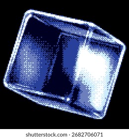 Transparent glossy crystal cube with light glare effect pixel art vector icon. Retro 8 bit 3D blue glass cube isolated on dark. Bitmap video game glass block, overlay square prism