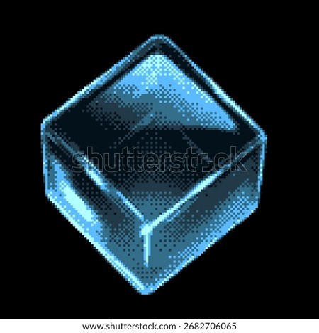 Transparent glossy crystal cube with light glare effect pixel art vector icon. Retro 8 bit 3D blue glass cube isolated on dark. Bitmap video game glass block with overlay prism
