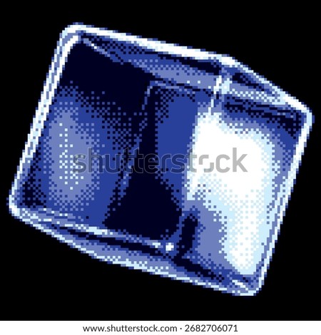 Transparent glossy crystal cube with light glare effect pixel art vector icon. Retro 8 bit 3D blue glass cube isolated on dark. Bitmap video game glass block, overlay square prism