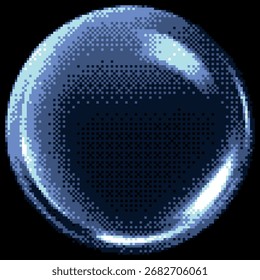 Transparente glänzende Kristall Kugel Pixel Kunst Vektorsymbol. Retro 8-Bit blauer Glasglob einzeln auf Dunkelheit. Glaskugel mit Prismenlicht Blendung. Bitmap Videospiel Overlay Element runde Form