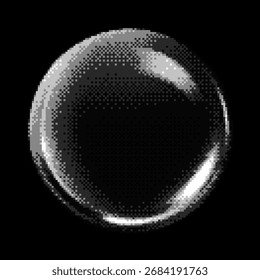 Transparente glänzende Kristall Kugel Pixel Kunst Vektorsymbol. Retro 8-Bit-Glasglob einzeln auf Dunkelheit. Glaskugel mit Prismenlicht Blendung. Bitmap Videospiel Overlay Element runde Form