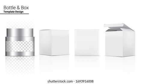 Transparente Glossy Jar Flasche Mock up Realistic Cosmetic und 3 Dimensional Box für Whitening Skincare und Aging Anti-Faltenbalg auf weißer Hintergrund Illustration. Gesundheitswesen und Medizin.