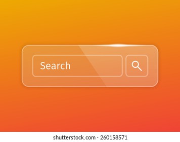 Transparent glossy search button on orange background. Glass design with glitter.
