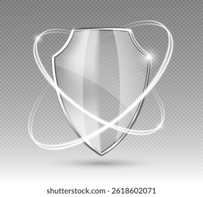 Escudo brillante transparente con anillos de protección brillantes. Signo de salvaguardia. Concepto de seguridad. Ilustración vectorial