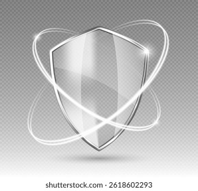 Transparent glossy shield with glowing protection rings. Safeguard sign. Security concept. Vector illustration
