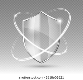 Transparent glossy shield with glowing protection rings. Safeguard sign. Security concept. Vector illustration