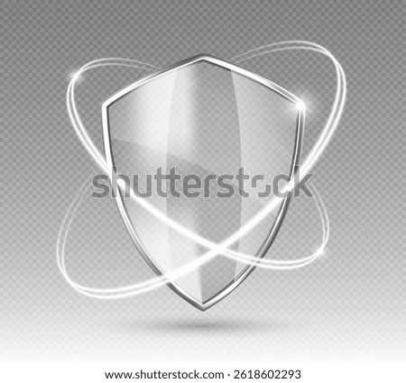 Transparent glossy shield with glowing protection rings. Safeguard sign. Security concept. Vector illustration