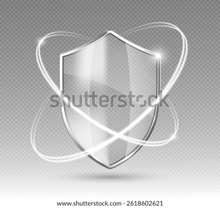 Transparent glossy shield with glowing protection rings. Safeguard sign. Security concept. Vector illustration