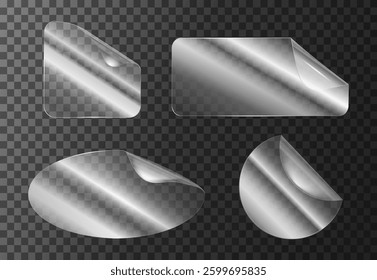 Transparent glossy stickers set of different shapes with curled edges and light reflections on a dark checkered background. Ideal for branding, packaging, mockups, and digital design projects.Vector 