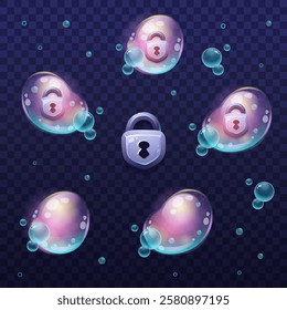  Transparent, glossy water bubbles in various sizes with reflections and an iridescent effect. Abstract liquid spheres with a clean, light, and decorative aesthetic.