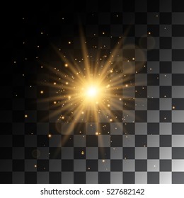 Transparent Glow Light Effect. Abstract Explosion And Starburst With Gold Glitter Particles. Vector Illustration Effect For Greeting Card