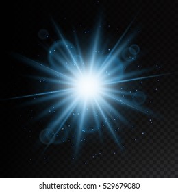 Transparent Glow light effect. Blue Star burst with sparkles and lens flare. Abstract vector background. Eps 10