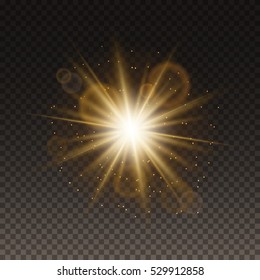 Transparent Glow light effect with golden glitter. Gold Star burst with sparkles and lens flare. Abstract vector background.