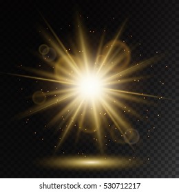 Transparent Glow light effect with golden glitter. Gold Star burst with sparkles and lens flare. Abstract vector background.