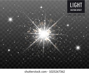 Transparent glow light effect. Star burst with sparkles. Twinkle little star on a black backdrop.