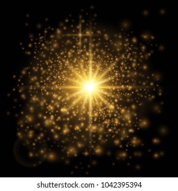 Transparent glow light effect. Star burst with sparkles. Gold glitter texture
