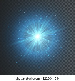 Transparent glow light effect. Star burst with sparkles. Blue glitter. Vector illustration.