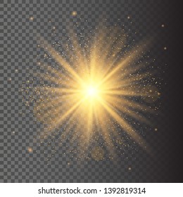 Transparent glow light effect. Star burst with sparkles. Gold glitter