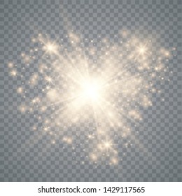 Transparent glow light effect. Star burst with sparkles. Sparkling magic dust particles. Gold glitter