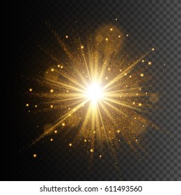 Transparent Glow Light Effect. Star Burst With Sparkles. Gold Glitter Texture