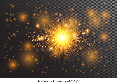 Transparent glow light effect. Star burst with sparkle. Gold glitter.Vector illustration for decoration with ray sparkles. Bright star.Blurred shiny  dust. Glowing bright flare with de-focused bokeh 