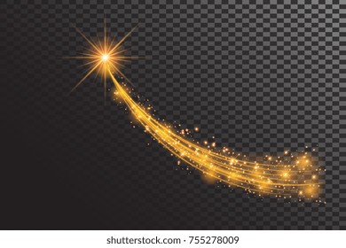 Transparent glow light effect. Star burst with sparkle. Gold glitter.Vector illustration for decoration with ray sparkles. Bright star.Blurred shiny  dust. Glowing bright flare with de-focused bokeh