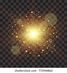 Transparent glow light effect. Star burst with sparkles. Gold glitter 