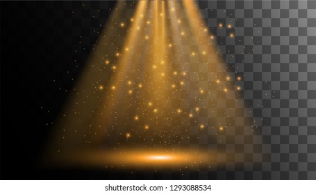 Transparent glow light effect.Gold glitter with ray background. 