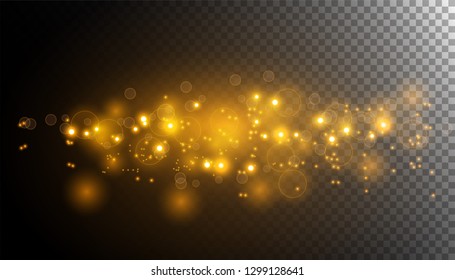 Transparent glow light effect.Gold glitter powder splash background. Golden dust. Magic mist glowing. 