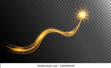 Transparent glow light effect.Gold glitter powder splash background. Golden dust. Magic mist glowing. Shimmering waves with Glittering star dust trail. vector abstract 